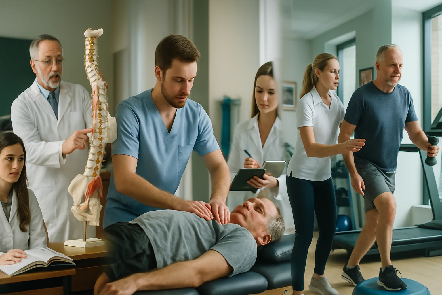 Két egészségügyi szakember segít egy idős férfinak rehabilitációs gyakorlatok során.