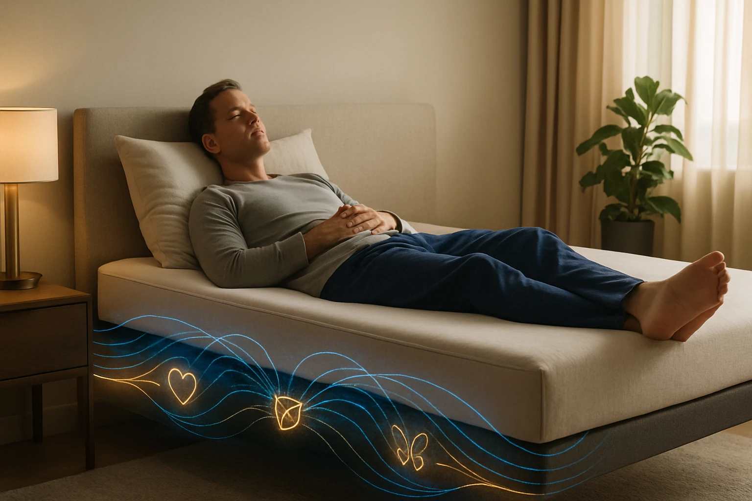 Egy férfi pihen a modern ágyon, miközben relaxáló légáramlatok veszik körül.