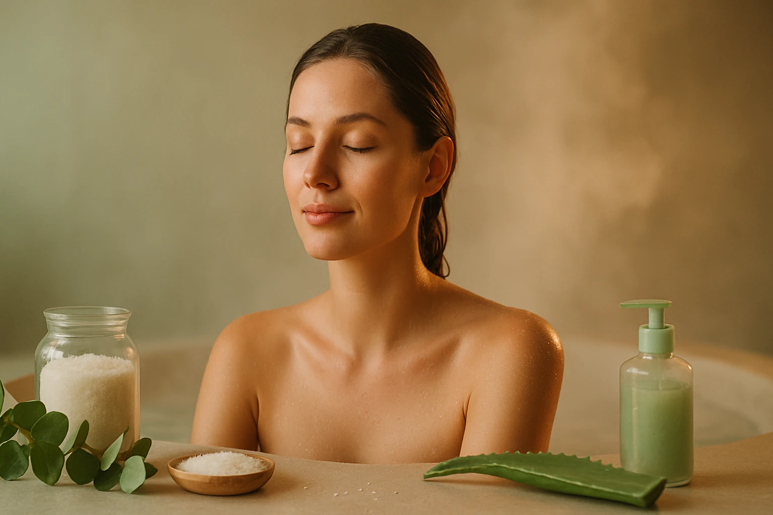 Egy fiatal nő relaxál a fürdőben, körülötte természetes szépségápolási termékek.