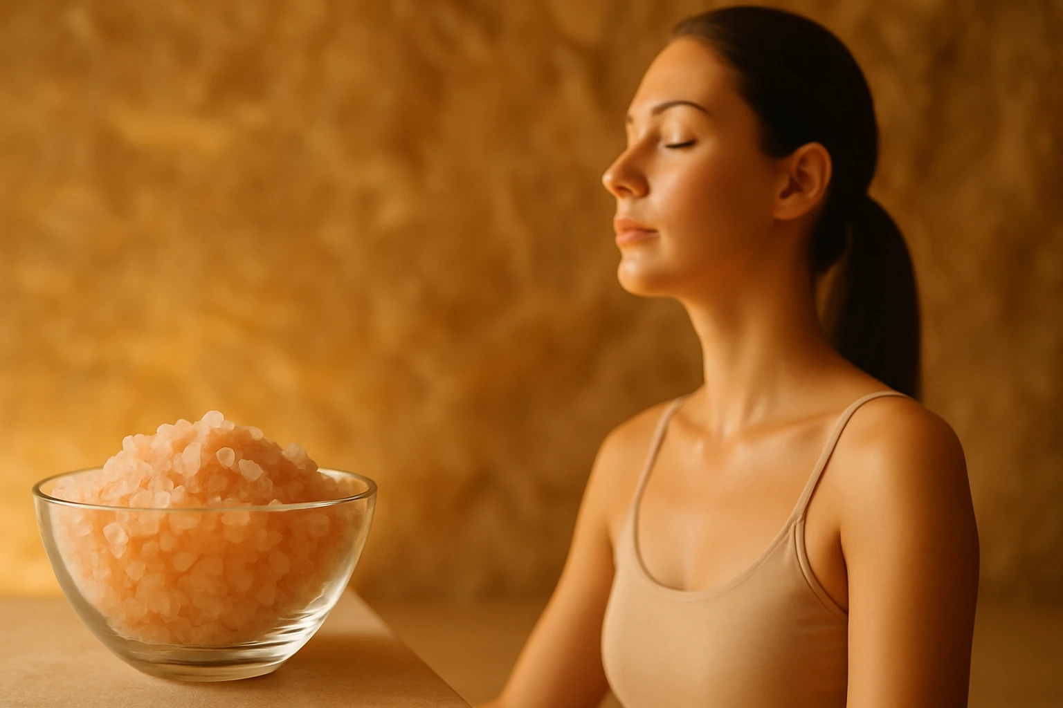 Egy nő relaxál, miközben egy üveg tálban rózsaszín só található mellette.