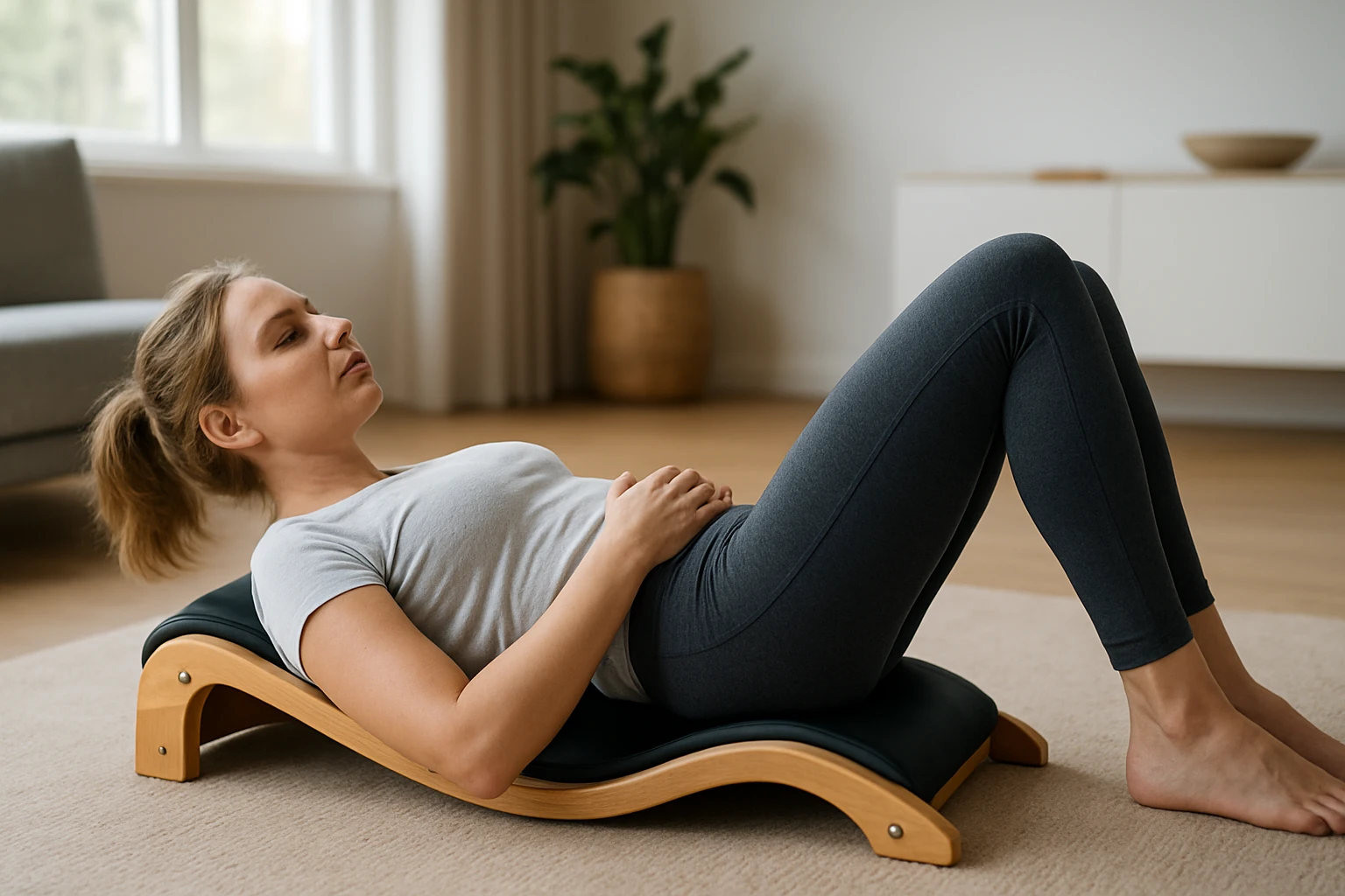 Egy fiatal nő fekve relaxál egy ívelt edzőpadon, kényelmes ruhában.