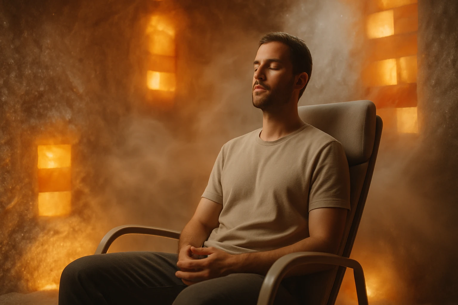 Egy fiatal férfi ül egy kényelmes székben, szemét lehunyva, relaxáló környezetben.