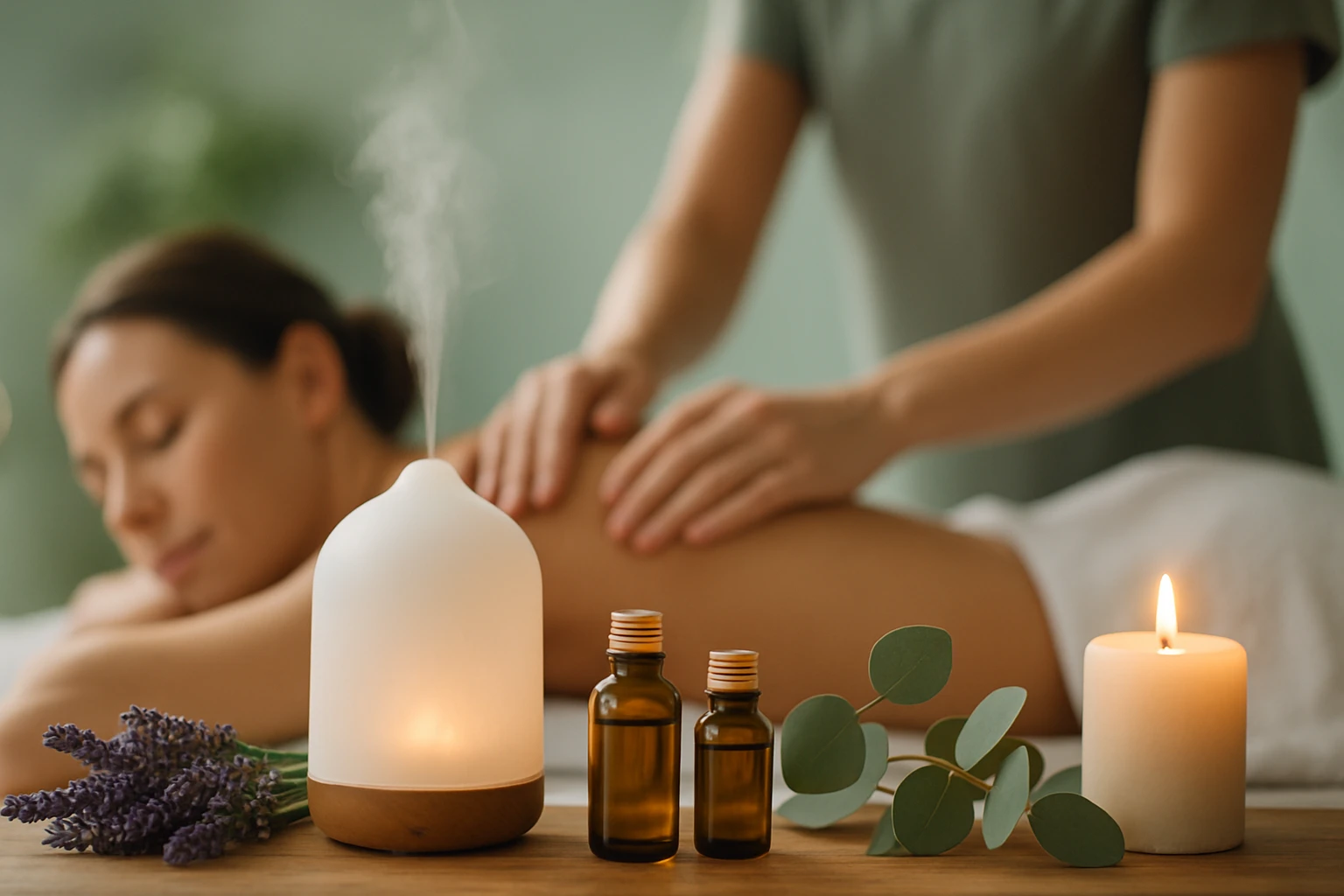 Egy nő masszázs közben relaxál, miközben illóolajok és gyertya világítanak a háttérben.