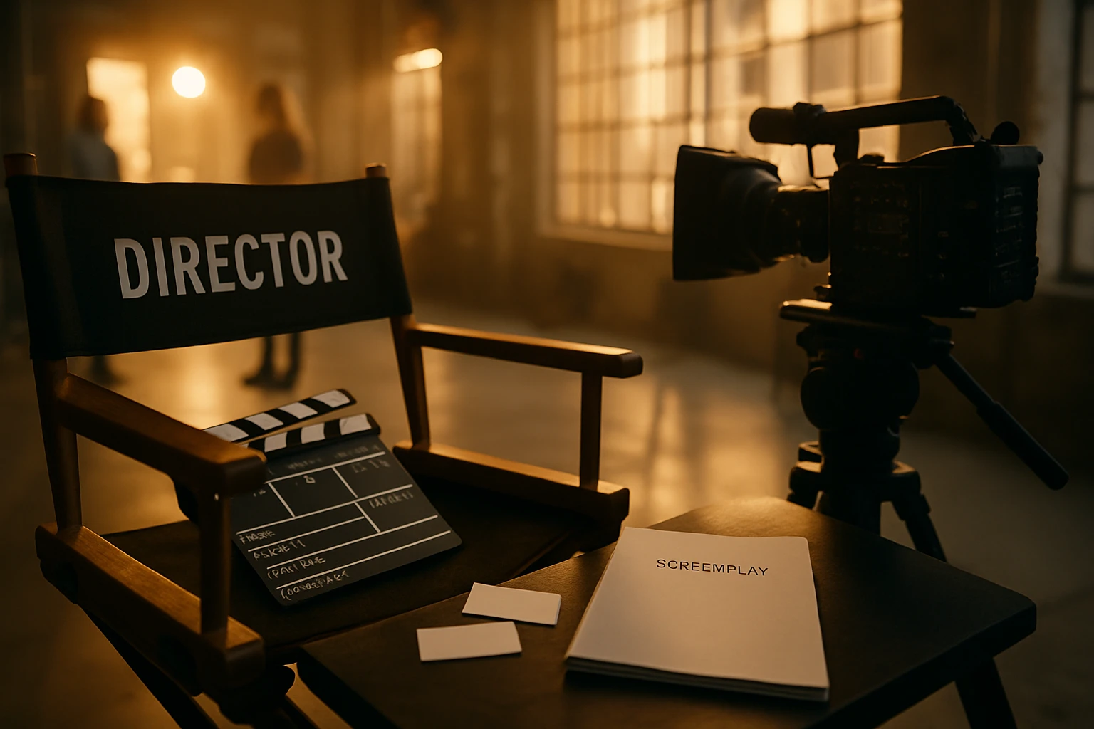 Egy rendezői szék, filmes klapka és forgatókönyv egy stúdióban, háttérben világító ablakokkal.