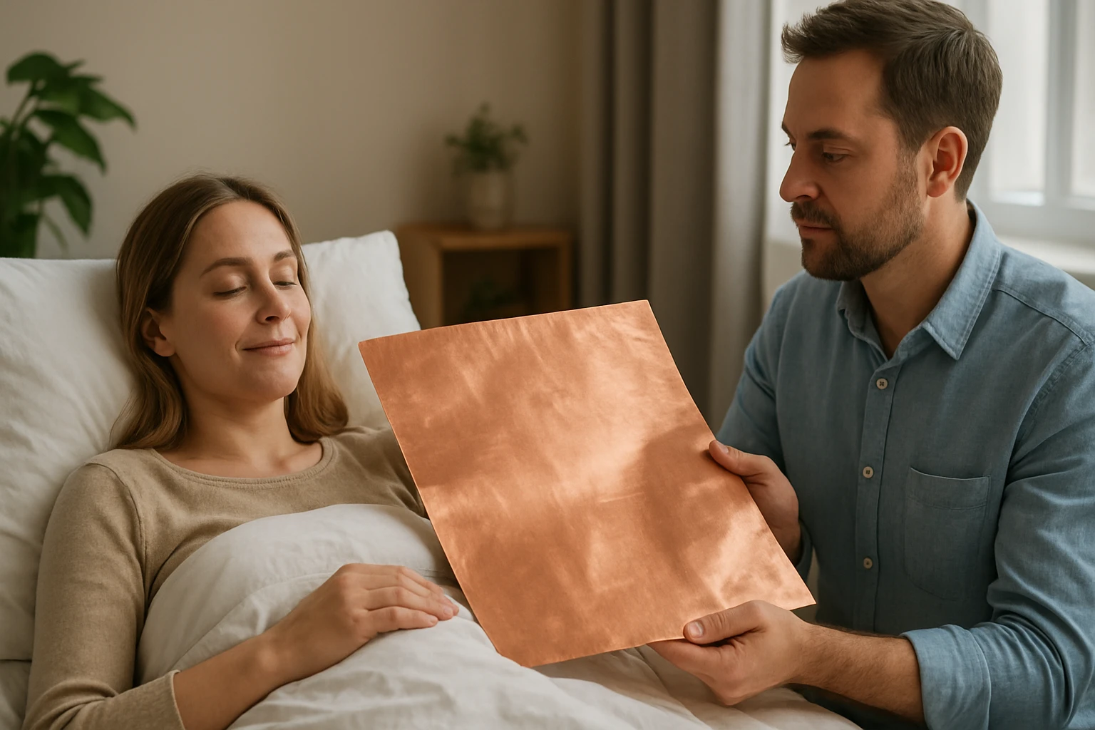 Egy nő pihen az ágyban, míg egy férfi egy rézlapot mutat neki.