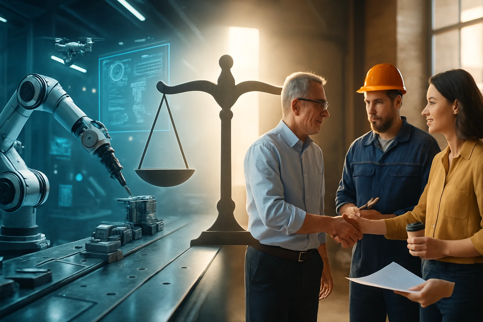 Két férfi és egy nő kezet fognak egy gyárban, robotkar és mérleg látható a háttérben.