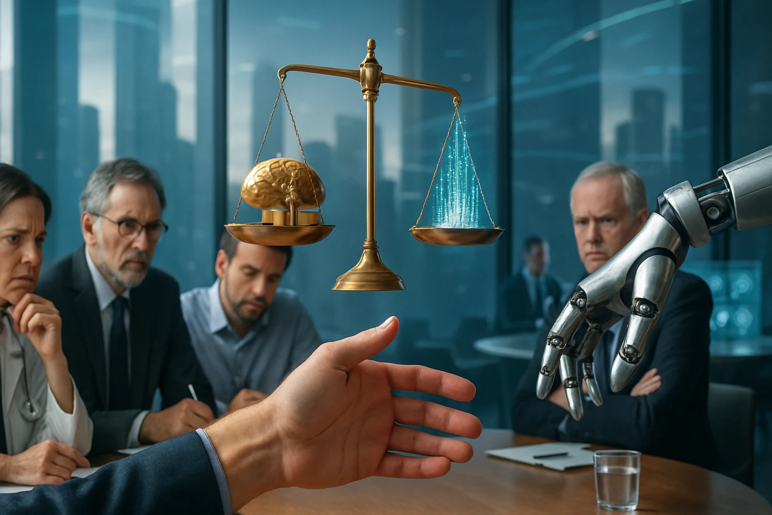 Egy robotkar és egy emberi kéz egyensúlyozó mérleggel, amelyen egy agy és digitális adatok láthatók.