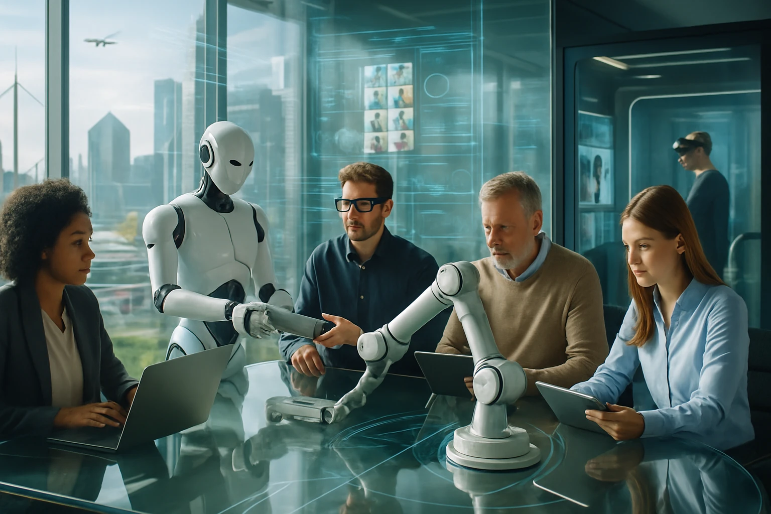 Egy modern irodában emberek és egy robot együtt dolgoznak, technológiai eszközökkel.