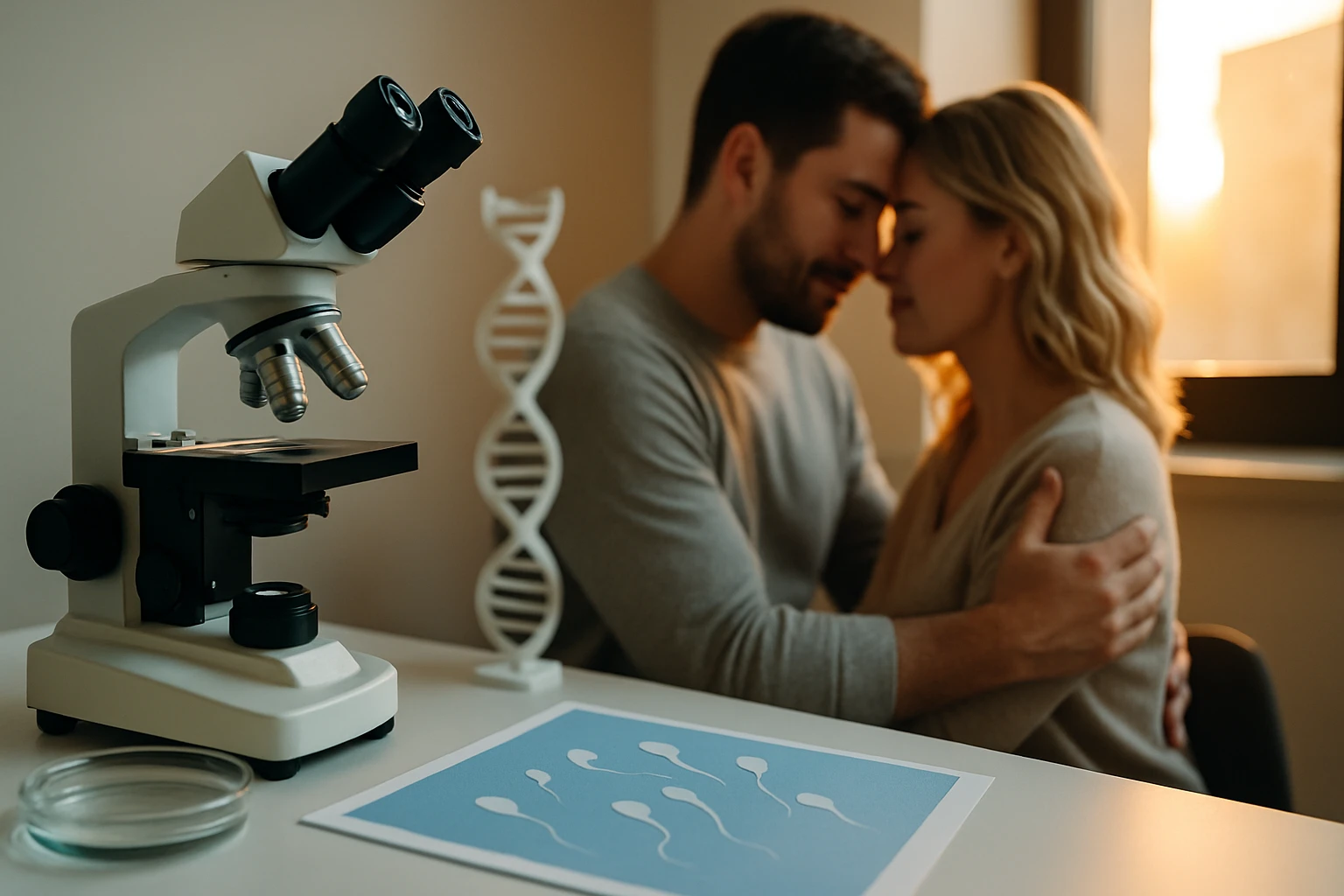 Egy mikroszkóp és egy DNS-modell mellett egy pár ölelkezik, romantikus háttérben.