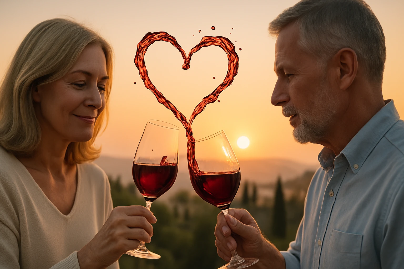 Két felnőtt, vörösbort koccintó pár a naplementében, szív alakú borcsepp formációval.