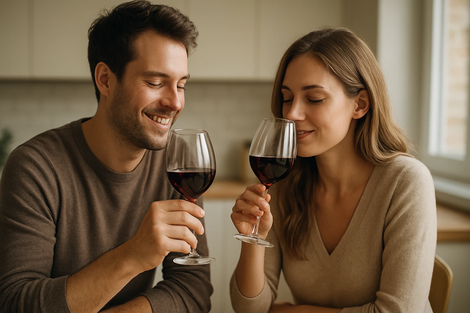 Egy fiatal pár koccint vörösborral, boldogan mosolyognak egymásra.