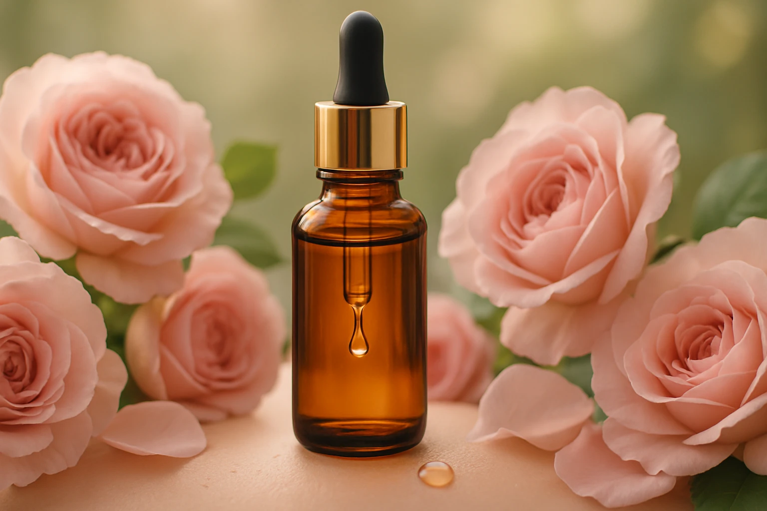 Egy barna üveg cseppentő, rózsák között, csepp folyadékkal az üveg alján.