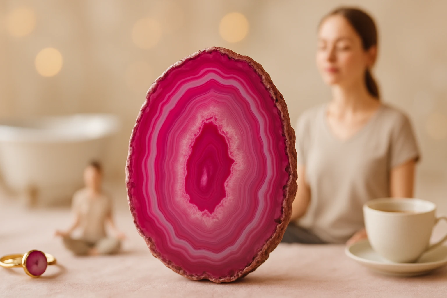 Egy szép rózsaszín agát kő, háttérben egy meditáló nő és egy csésze tea.