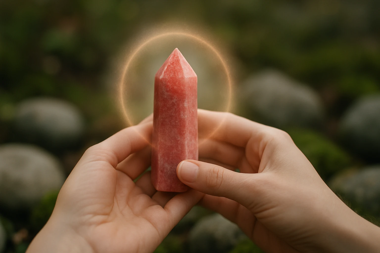 Két kéz tart egy rózsaszín kristályt, amely körül fénygyűrű látható.