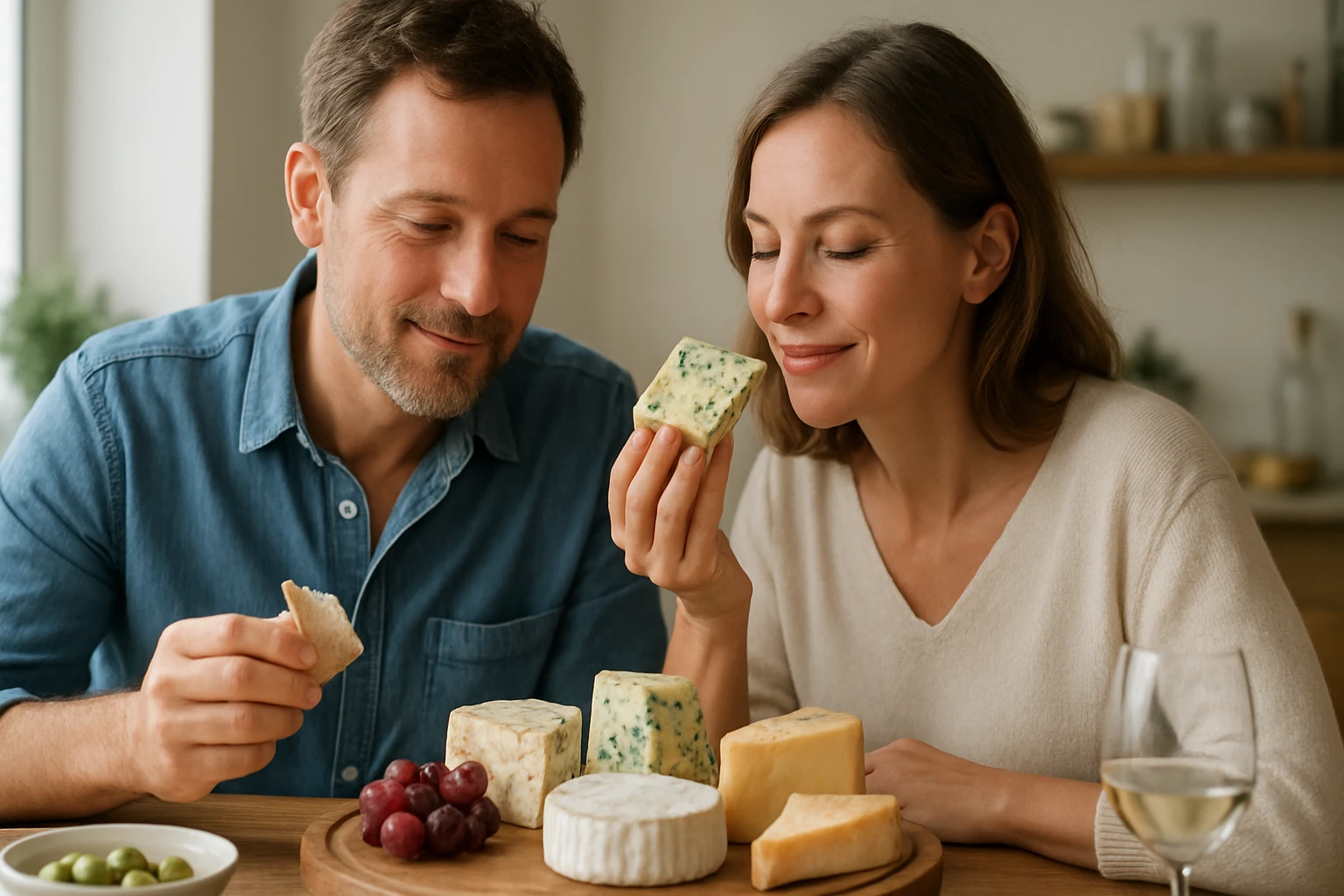 Egy pár élvezi a sajtot és a szőlőt egy asztalnál, boldog pillanatokban.