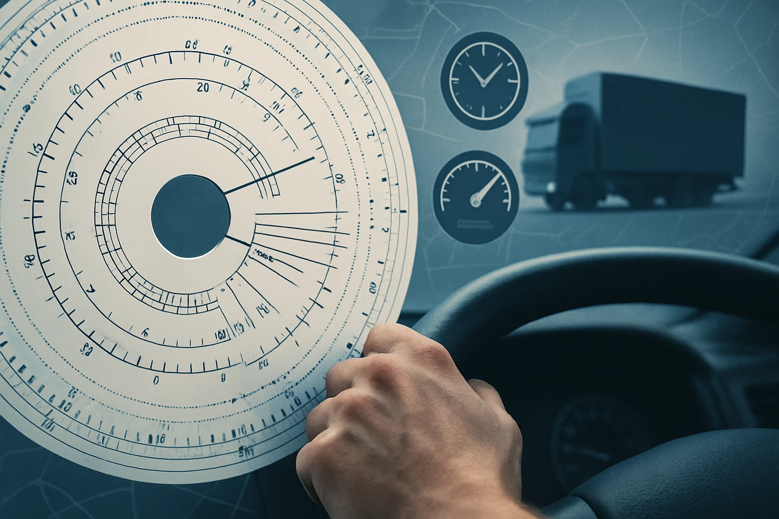 Egy kéz tart egy analóg sebességmérőt, miközben egy teherautó látható a háttérben.