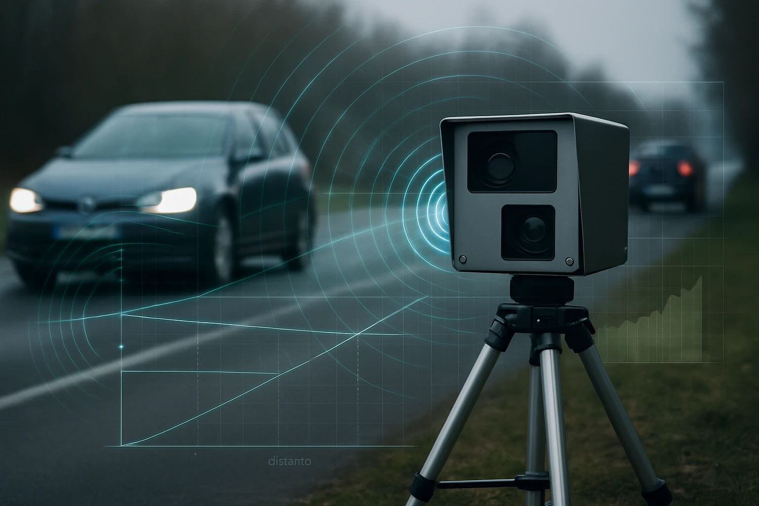 Egy sebességmérő kamera áll egy út mellett, háttérben autók haladnak.