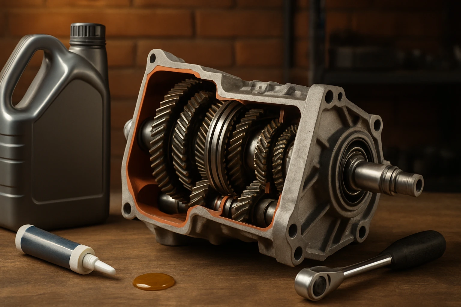 Egy szétszedett sebességváltó, olajjal és szerszámokkal az asztalon.