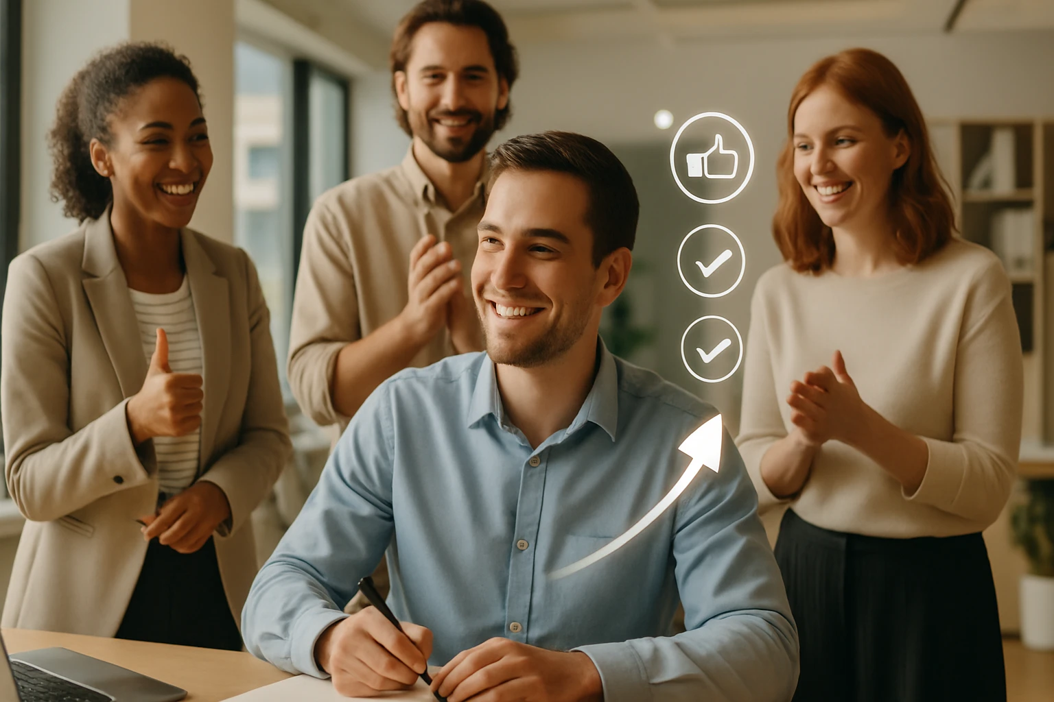 Egy fiatal férfi mosolyogva ül az íróasztalnál, míg a háttérben három kollégája tapsol és örül neki.