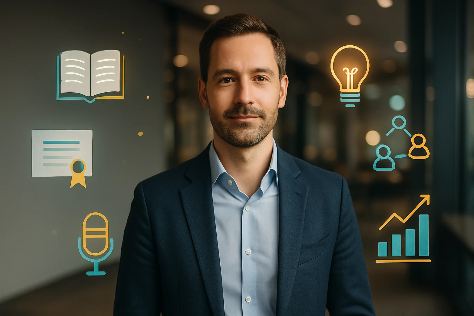 Egy fiatal férfi áll egy modern irodában, háttérben különböző szimbólumokkal, mint könyv, mikrofon és grafikon.