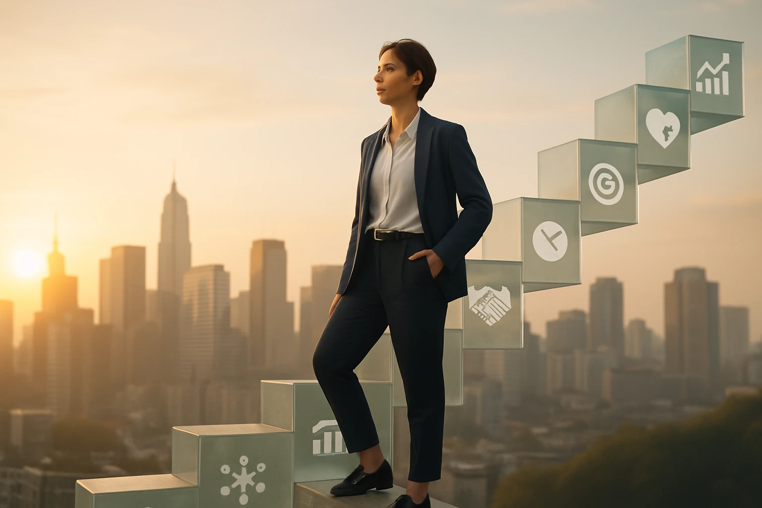 Egy nő elegáns öltönyben áll egy városi táj előtt, lépcsőfokokon, amelyek különböző szimbólumokat ábrázolnak.