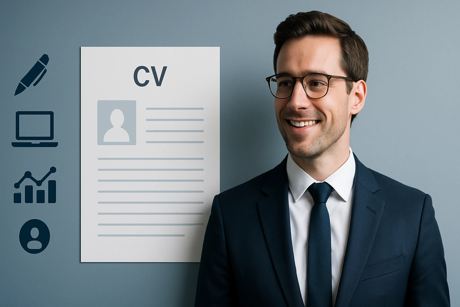 Egy fiatal férfi öltönyben mosolyog, mellette egy CV látható a falon.