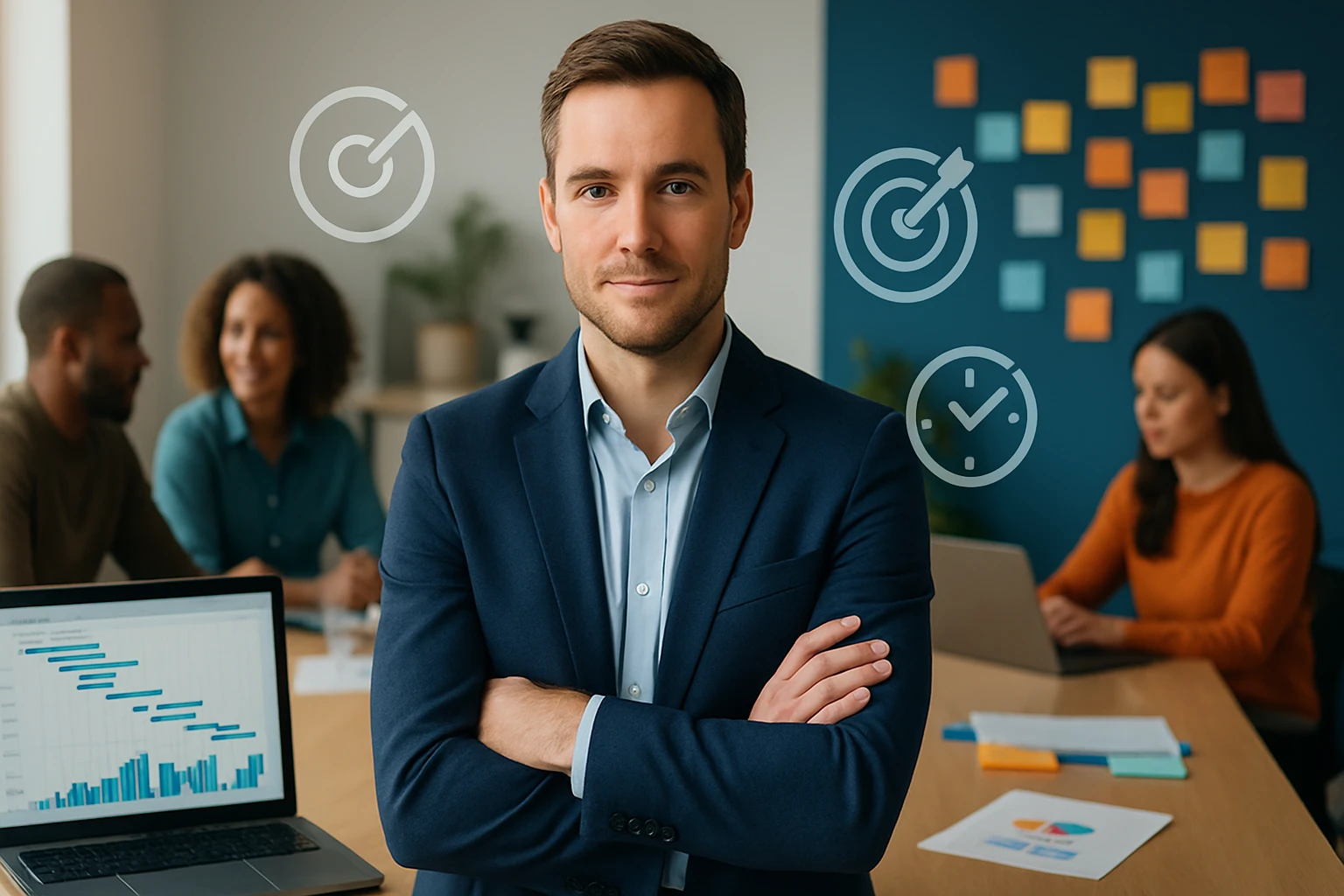Egy fiatal férfi öltönyben, karba tett kézzel áll egy modern irodában, háttérben kollégák beszélgetnek.