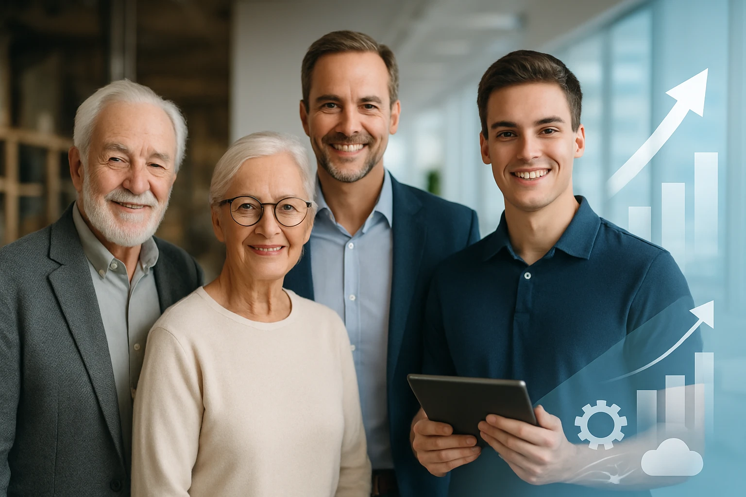 Négy felnőtt, köztük egy idősebb pár és két fiatal férfi, mosolyogva áll egy modern irodában.