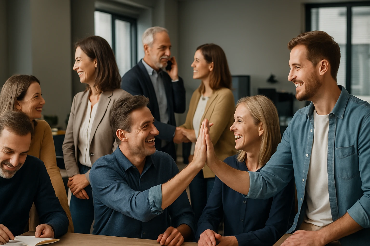 Egy csoport fiatal szakember mosolyogva üdvözli egymást egy modern irodában.