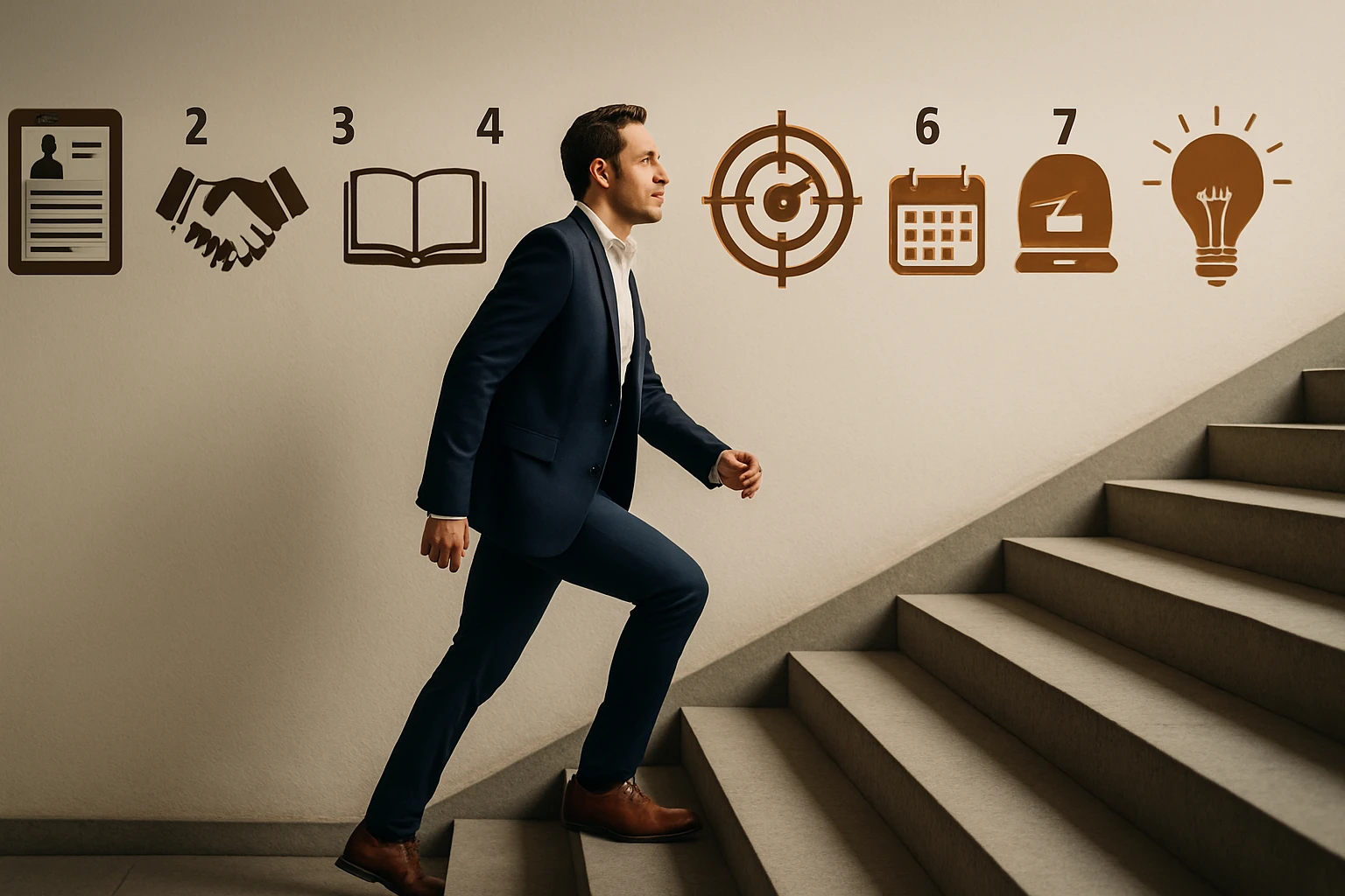 Egy öltönyös férfi lépcsőn felfelé halad, mögötte ikonok sorozata látható.