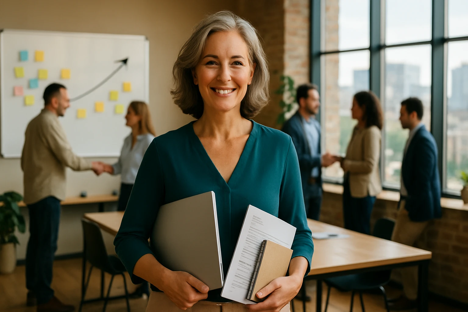 Egy mosolygó nő áll egy modern irodában, kezében laptop és iratok, háttérben kollégák beszélgetnek.