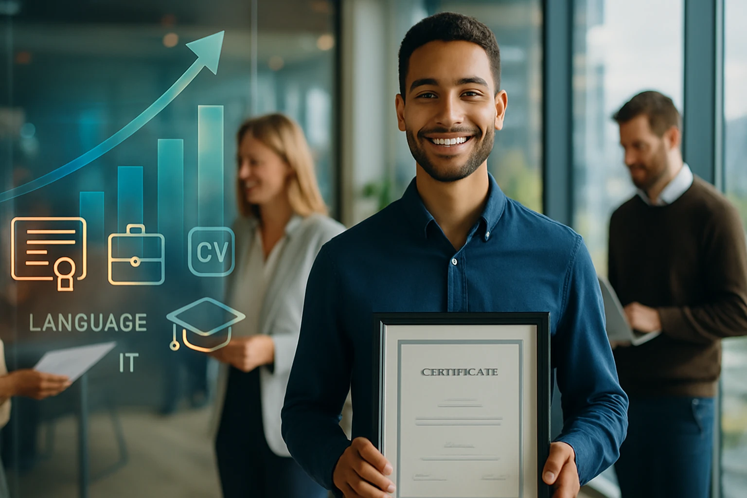 Egy fiatal férfi mosolyogva tart egy oklevelet, háttérben grafikonokkal.