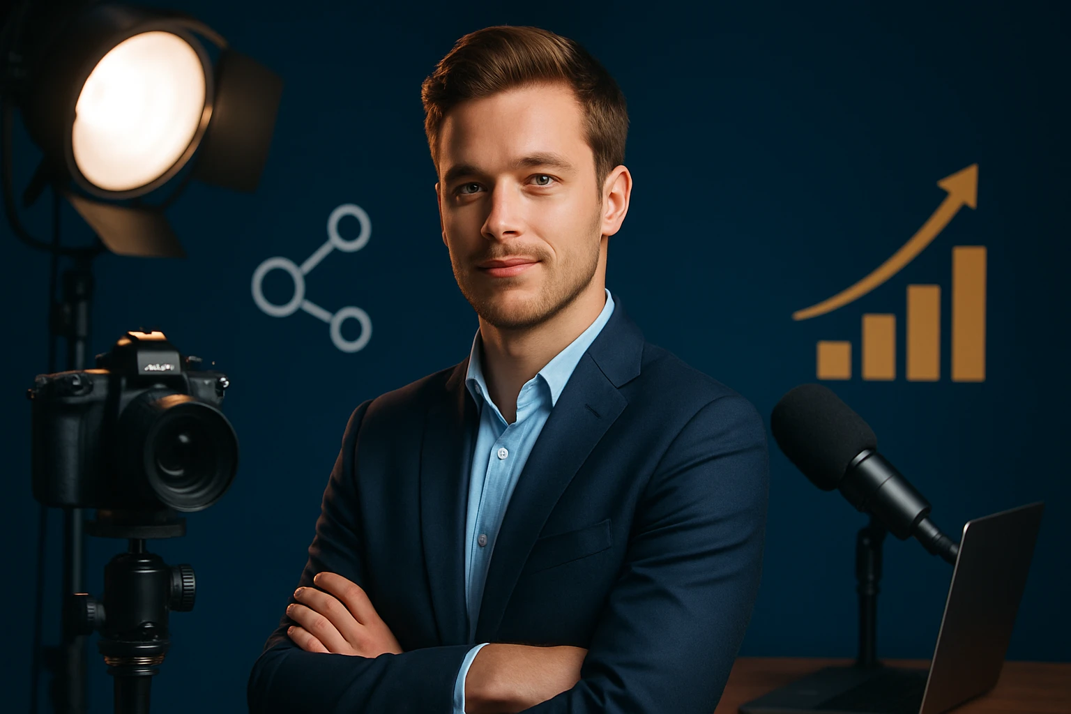 Egy fiatal férfi öltönyben, karba tett kézzel, háttérben fényképezőgép és grafikonok.
