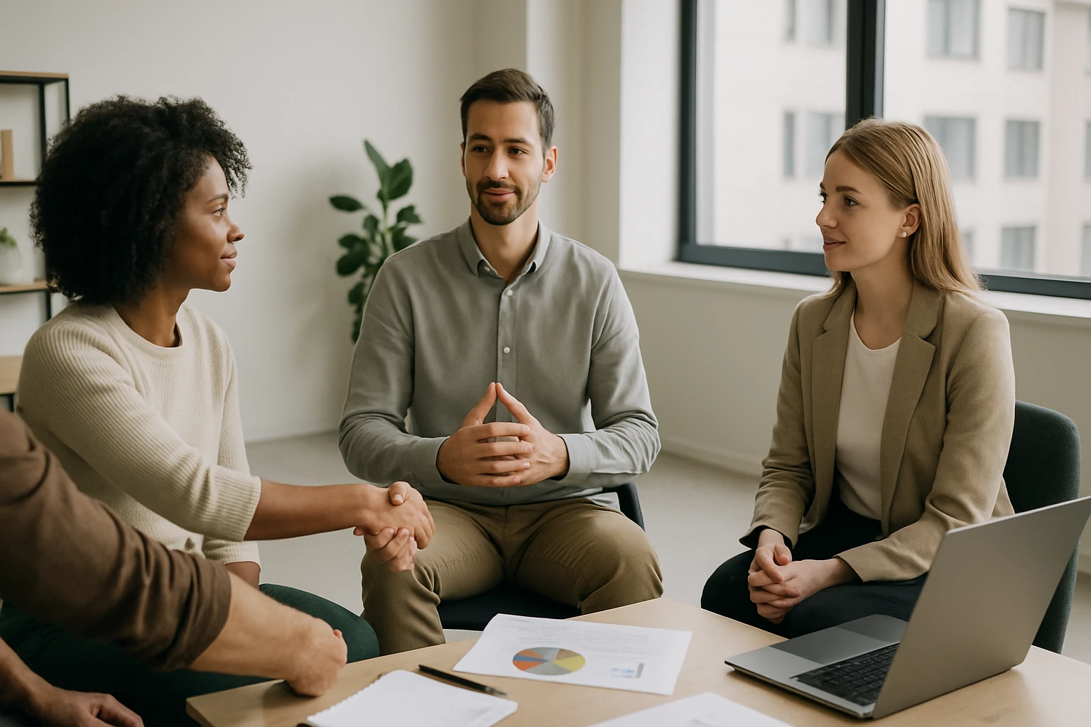 Két ember kezet fog, míg egy férfi és egy nő figyelmesen hallgatja őket egy világos irodában.