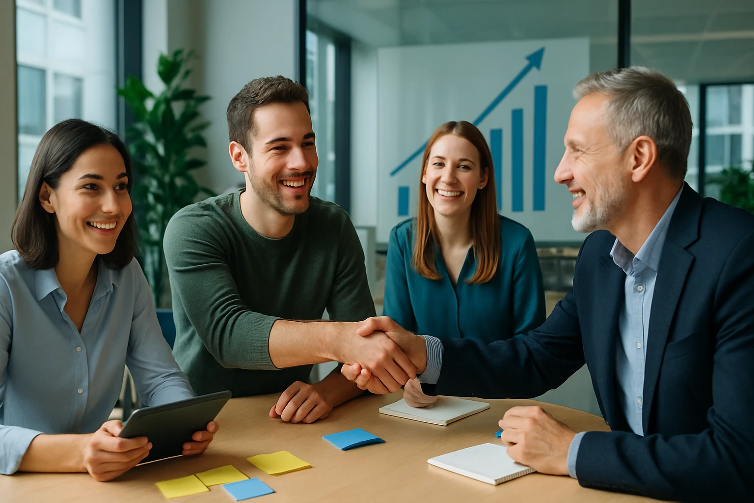 Négy fiatal szakember ül egy asztalnál, mosolyogva beszélgetnek és kezet fognak.