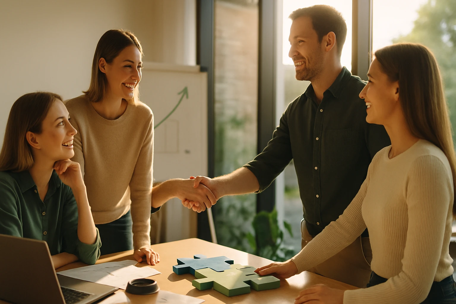 Négy fiatal szakember beszélget egy világos irodában, miközben egy férfi kezet fog egy nővel.
