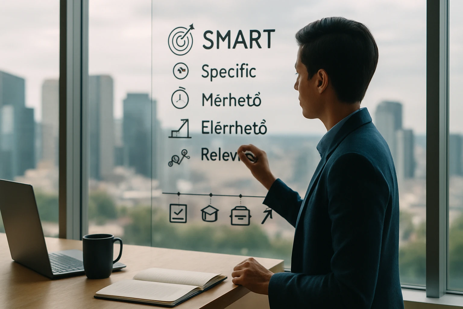 Egy fiatal férfi SMART célkitűzéseket ír egy üvegfalra, háttérben városi táj.