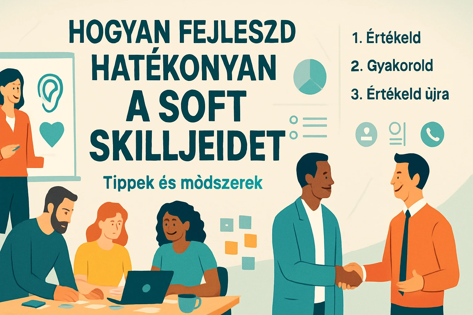 Kép, amely bemutatja a soft skillek fejlesztésének lépéseit, különböző emberek interakciójával.