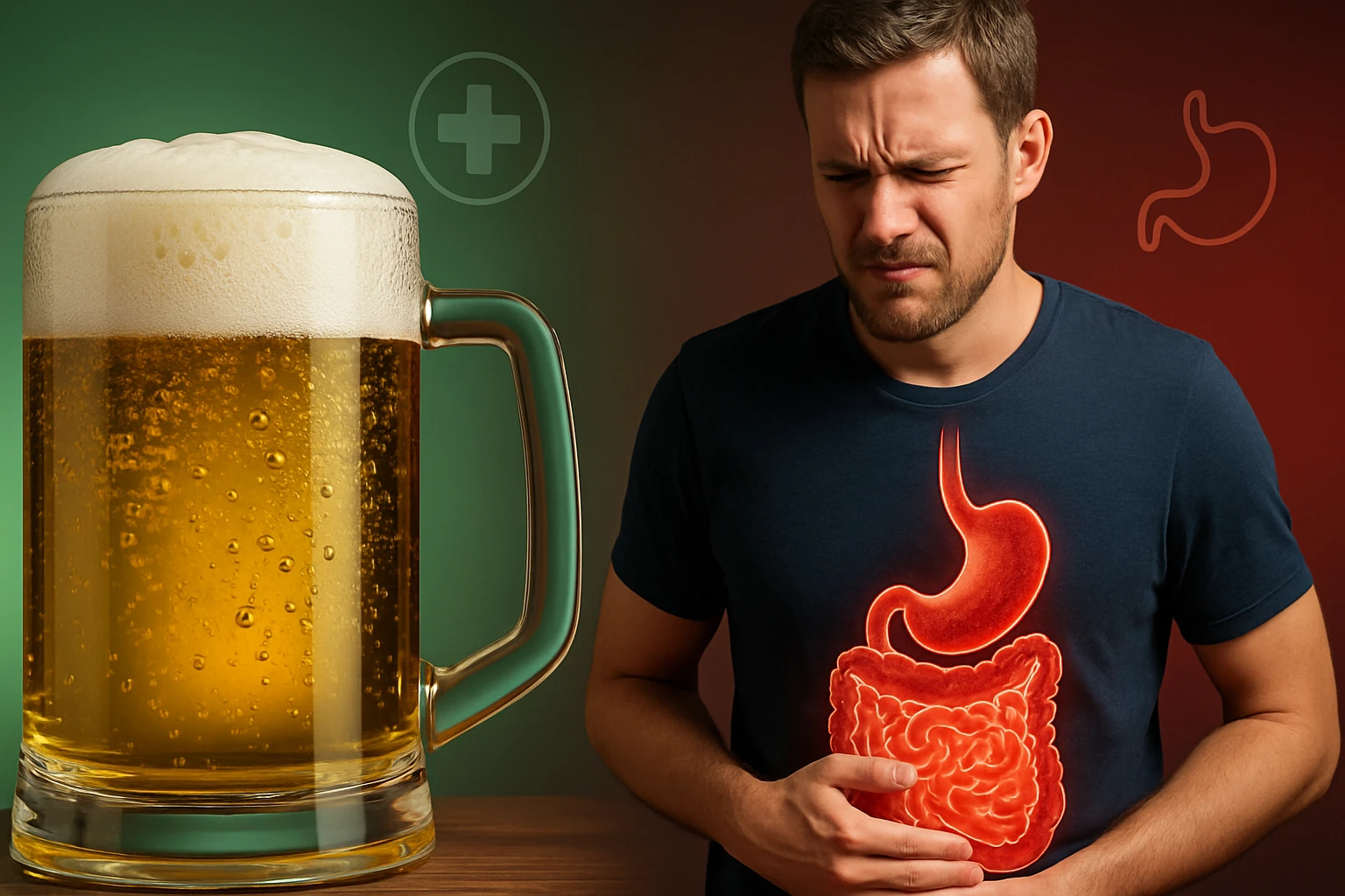 Egy férfi, aki hasfájást érez, miközben egy korsó sör látható mellette.