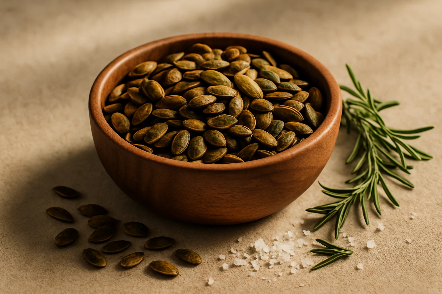 Egy fából készült tálban sózott tökmagok láthatók, mellette friss rozmaring ágak.