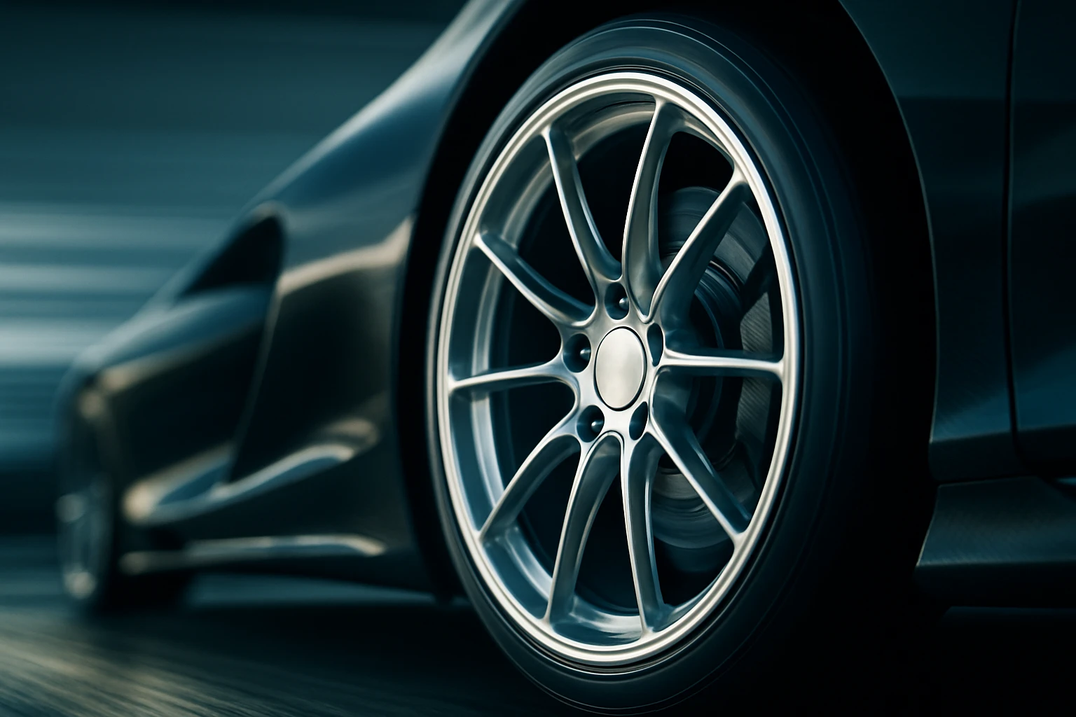 Egy sportautó felnije, amely dinamikus mozgást sugall, a háttér elmosódott.