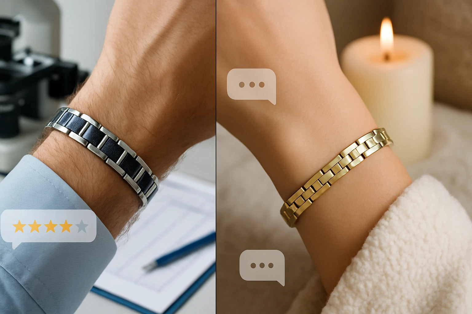 Két különböző stílusú karkötő látható, az egyik fémes, a másik arany színű.