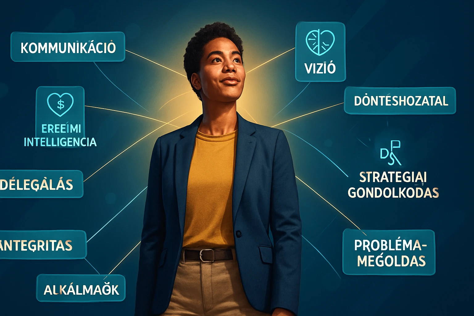 Egy fiatal nő, aki magabiztosan néz előre, körülötte különböző gondolkodási és problémamegoldási területek láthatók.