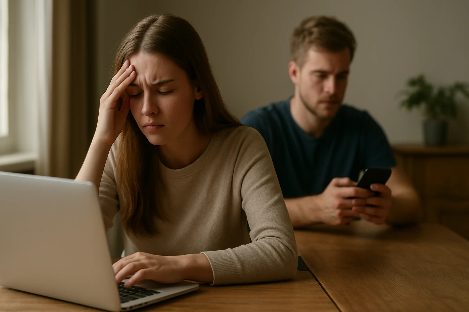 Egy fiatal nő stresszesen dolgozik a laptopján, míg a háttérben egy férfi telefonozik.