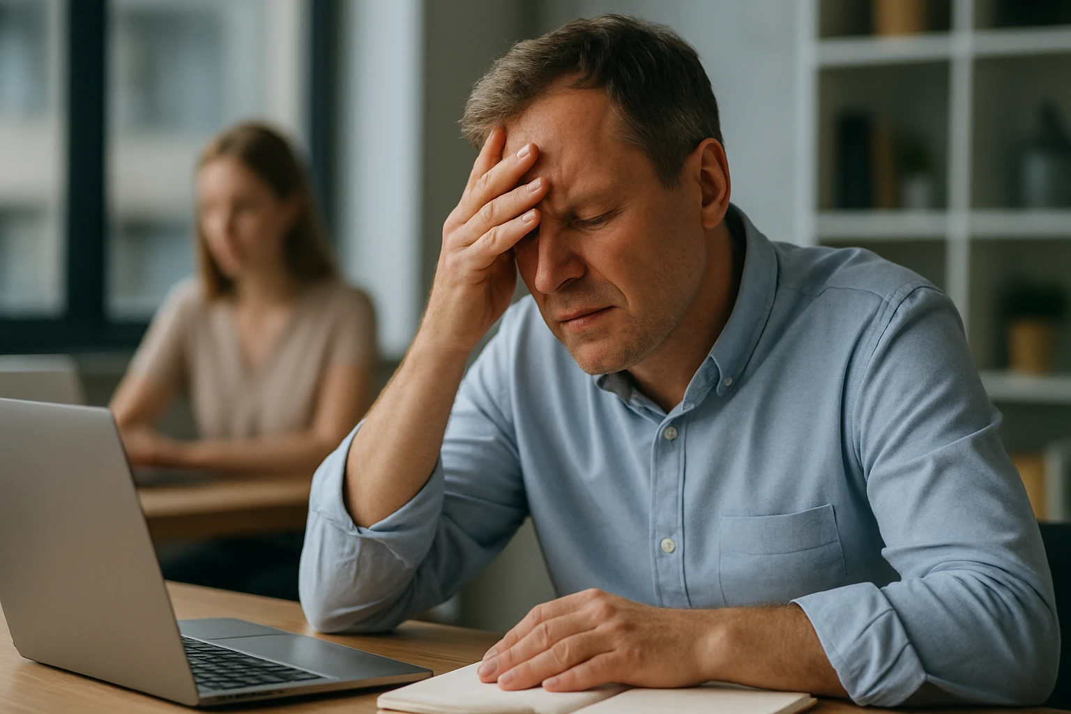 Egy férfi stresszesen ül az íróasztalnál, kezét a homlokán tartja, laptop előtt.
