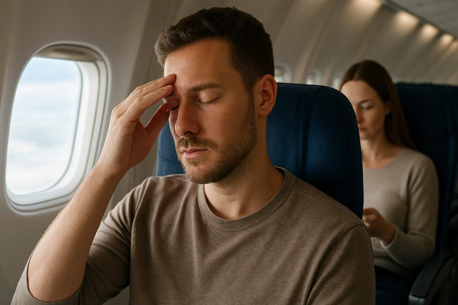Egy férfi ül egy repülőgépen, kezét a homlokán tartva, láthatóan stresszes vagy fáradt.
