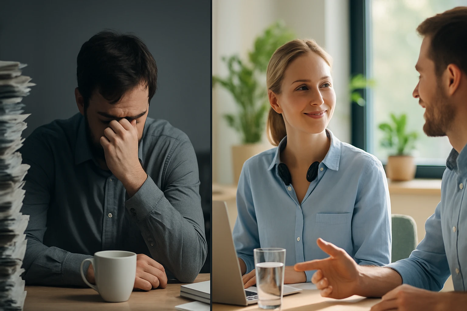 Egy férfi stresszesen ül az asztalnál, míg egy nő mosolyogva beszél egy másik férfival.
