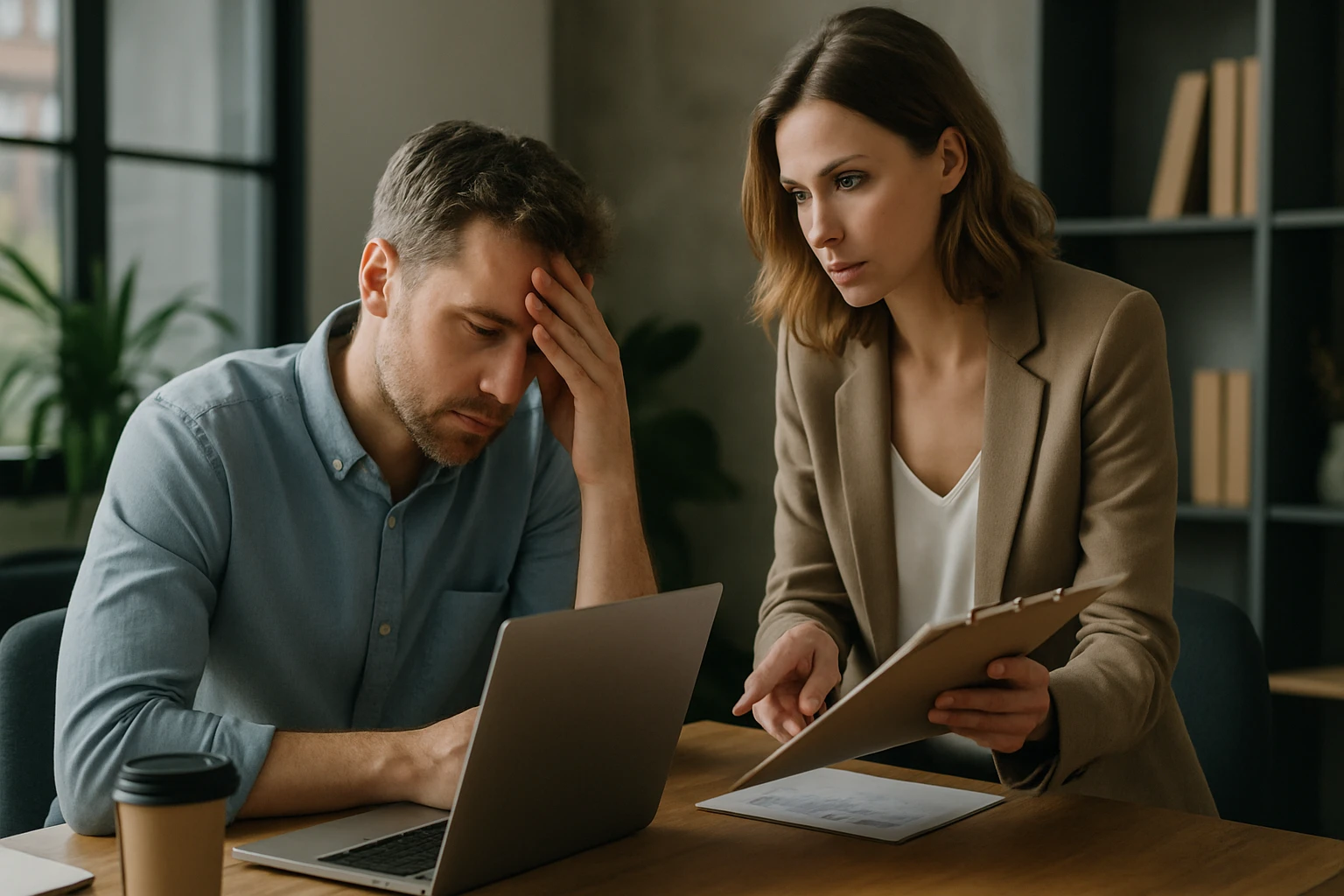 Egy férfi fáradtan néz a laptopjára, míg egy nő figyelmesen nézi őt, kezében iratokat tartva.