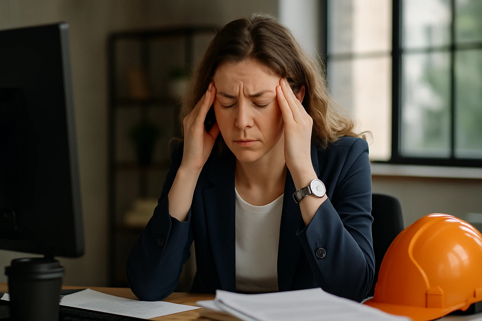 Egy nő stresszesen ül az íróasztalánál, kezét a fején tartva, háttérben számítógép és építőipari sisak.