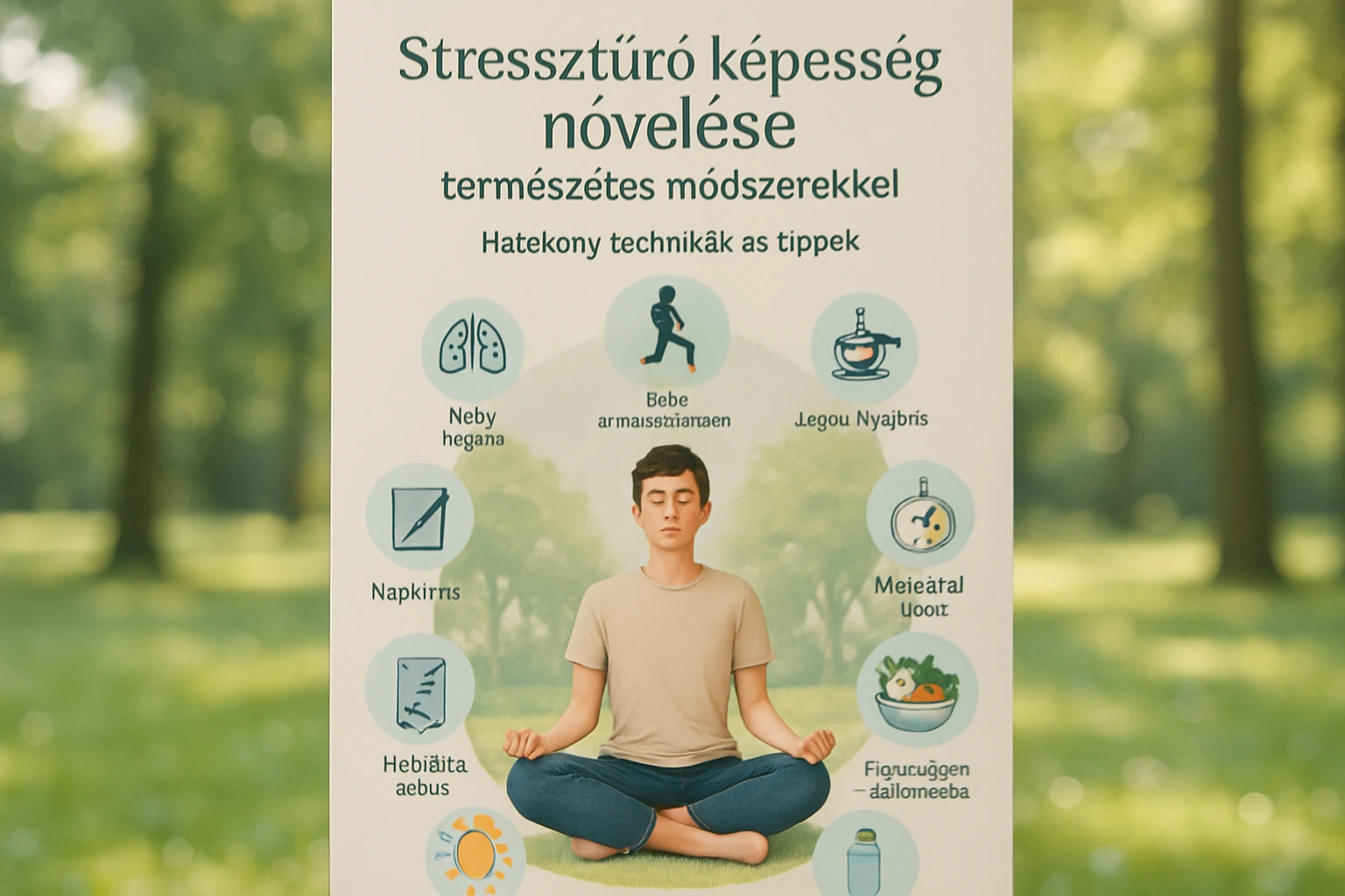 Egy fiatal fiú meditál a szabadban, mellette egy poszter a stresszkezelés természetes módszereiről.